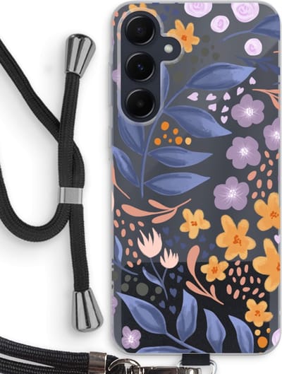 Case Company® - Hoesje met koord geschikt voor Samsung Galaxy A55 hoesje met Koord - Flowers with blue leaves - Telefoonhoesje met Zwart Koord - Bescherming aan alle Kanten en Over de Schermrand
