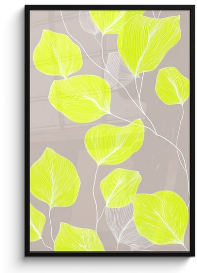 Poster in lijst - Fotolijst 80x120 cm - Posters - Bladeren - Neon - Geel - Lijnen - Posterlijst zwart - Decoratie - Wanddecoratie woonkamer - Muurdecoratie slaapkamer