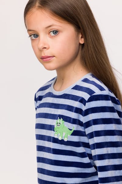 Woody pyjama meisjes/dames velours - blauw gestreept - dino - 242-10-PDL-V/929 - maat 152