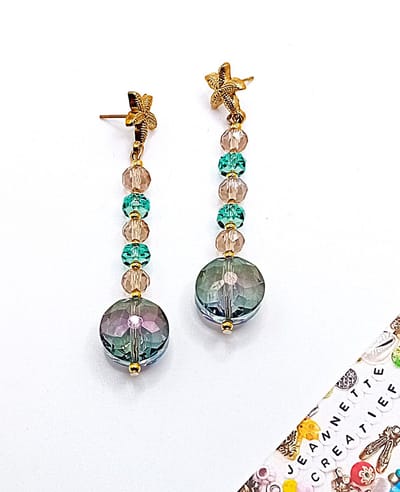 Jeannette-Creatief®- Beach - Mermaidcore Starfish Glitter Glamour Earrings - Bling Bling Oorbellen- Oorbellen - Oorbellen met Glaskralen - Aquablauwe Oorbellen