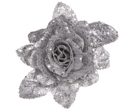 Kerstboomversiering Bloemen - 10 cm - zilver glitter - op clip - ornament - roos