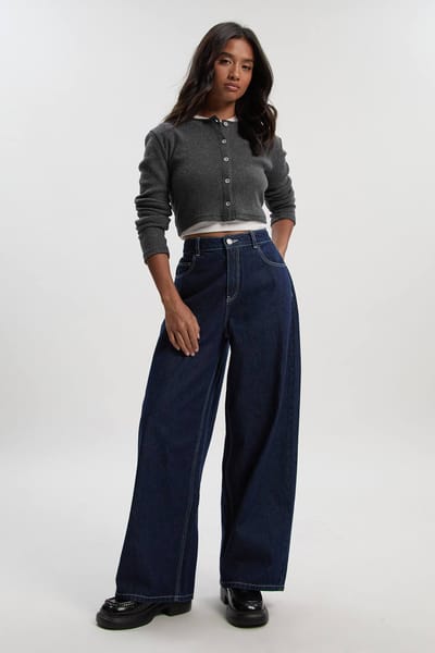 boohoo Dames Petite Mid Waist Losse Pasvorm Wijde Pijp Jeans | Donker Indigo | Maat: 34
