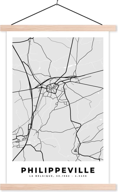 Posterhanger incl. Poster 40x60 cm - Schoolplaat - Kaart – Plattegrond – Stadskaart – Philippeville – België – Zwart Wit - Textielposter - Blanke latten - Stadskaart
