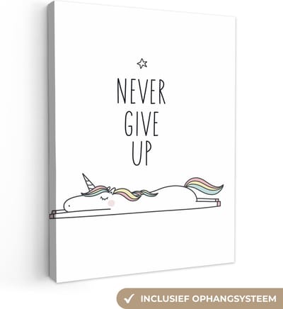 Kinderkamer decoratie - Eenhoorn - Quotes - Never give up - Quotes - Wanddecoratie meisjes - Canvas schilderij kinderen - Canvas doek kids - 30x40 cm