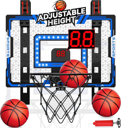 SnelShoppen - Verbeterde Indoor Basketball Ring voor Kinderen - Hoogte Verstelbare Over Deur Basketbal Hoepel met LED Verlichting, Scorebord & 3 Balle
