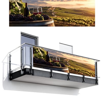 Balkonscherm 300x95 cm - Balkonposter Wijn - Druiven - Heuvels - Landschap - Balkon scherm decoratie - Balkonschermen - Balkondoek zonnescherm