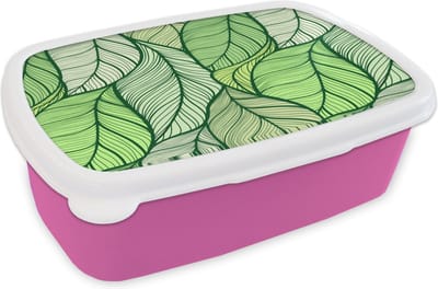 Broodtrommel Roze - Lunchbox - Brooddoos - Bladeren - Schets - Vintage - Patronen - 18x12x6 cm - Kinderen - Meisje