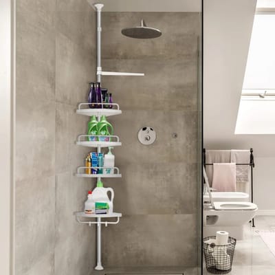 Venzor - Telescopische Hoekdoucheplank – 105‑310 cm – 4 Verstelbare Planken – Zonder Boren – Roestvrij & Kunststof – Wit