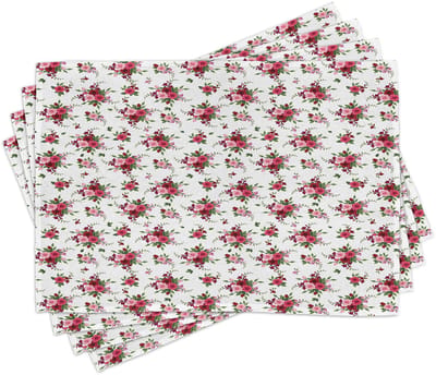 ABAKUHAUS Bloemen-placematten, bruidsboeketpatroon met rozen en freesias, romantische Victoriaanse compositie, tafeldecoratie van kleurvaste stof voor eetkamer en keuken, groen, roze en robijnrood