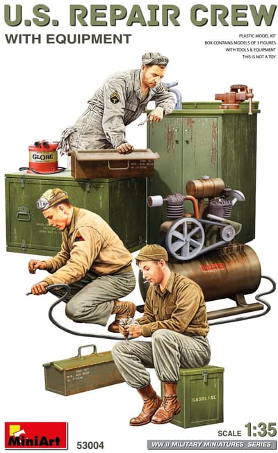 MiniArt Modelbouwpakket Militaire voertuigen - 53004 U.S. Repair Crew met Equipment WWII - 3 Figuren Plastic - 1:35 - Modelbouw