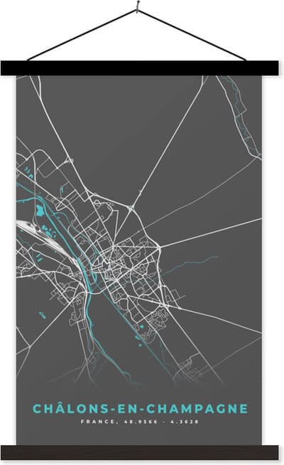 Posterhanger incl. Poster 40x60 cm - Schoolplaat - Frankrijk - Châlons-en-Champagne - Stadskaart - Plattegrond - Kaart - Textielposter - Zwarte latten - Stadskaart