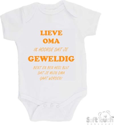 100% katoenen Romper "Lieve oma ik hoorde dat je geweldig bent en ben heel blij dat je mijn oma gaat worden!" Unisex Katoen Wit/mosterd Maat 62/68
