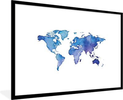 Poster in lijst - Fotolijst 120x80 cm - Posters - Wereldkaart - Aquarel - Paars - Posterlijst zwart - Decoratie - Wanddecoratie woonkamer - Muurdecoratie slaapkamer