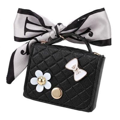 Zwart hoesje voor oordopjes dames met strik en decoratieve details geschikt voor AirPods Pro 2 kunstleer hardcase met ring en lint