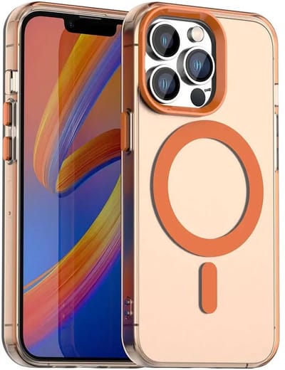 MagSafe Compatibel Backcover Hoesje Geschikt voor Apple iPhone 14 Pro Max - Oranje & Semi-Transparant Design - Stijlvol & Goede Bescherming