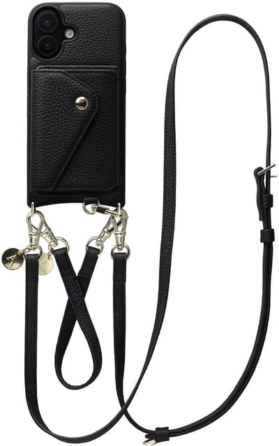AVY Leren Hoesje geschikt voor Apple iPhone 17 | Met Koord en Magnetische Kaarthouder | Compatibel met MagSafe | Leather Case met 30CM & 130CM Koord & Wallet | Leather Set | Zwart