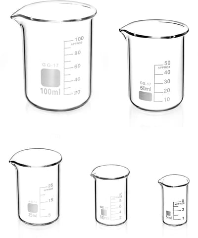 Dailygoods- Maatbeker Set van 5 - Borosilicaatglas - Inhoud 5ml/10ml/25ml/50ml/100ml - Duidelijke Schaalverdeling - Thermisch Bestendig - Eenvoudig Uitgieten - Laboratoriumglaswerk