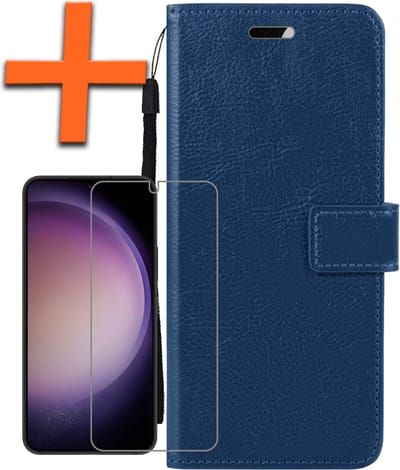 Hoes - Met Screenprotector - Geschikt voor Samsung Galaxy S23 - Luxe Pasjeshouder - Bookcase Portemonee - Flip Case - Kunstleer Book Case - Flipcase - Book Cover - Walletcase - PortemonneeHoes - Donkerblauw