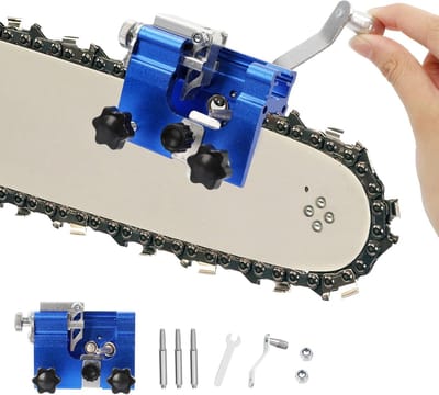 Kettingslijper - Met 3 slijpkoppen - Kettingzaag slijper - Handzwengel Kettingslijper - Tanden Slijper - voor kettingzagen en elektrische zagen - 6x7x2,8cm - blauw