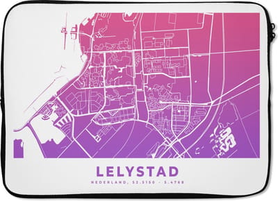 Laptophoes 14 inch - Stadskaart - Lelystad - Paars - Nederland - Laptop sleeve - Binnenmaat 33x23 cm - Zwarte achterkant