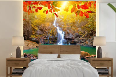Behang - Fotobehang Stenen - Boom - Waterval - Herfst - Rood - Breedte 280 cm x hoogte 280 cm