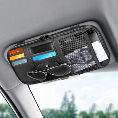 Famanu – Auto zonneklep organizer - zonnebrilhouder met meerdere vakken - opbergtas voor bril - pennen en documenten - zwart