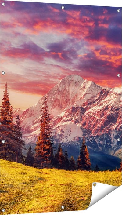 Gards Tuinposter Alpen Landschap met een Kleurrijke Hemel - 80x120 cm - Tuindoek - Tuindecoratie - Wanddecoratie buiten - Tuinschilderij