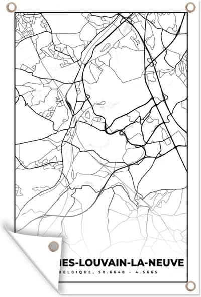 Muurdecoratie België – Ottignies Louvain la Neuve – Stadskaart – Kaart – Zwart Wit – Plattegrond - 120x180 cm - Tuinposter - Tuindoek