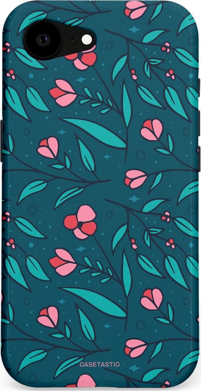 Casetastic hoesje geschikt voor Apple iPhone 16e / Apple iPhone 17e - MagSafe - Dubbellaagse bescherming - Blauwe Groene Bloemenpracht - Fashion Case - Petrol Donkergrijs