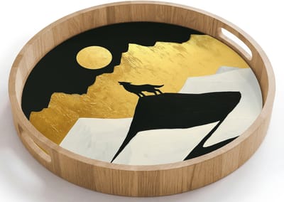 Dienblad rond 40x40 cm - Schootdienblad hout - Wolf - Bergen - Maan - Zwart - Borrelplank rechthoek - Plateau houten dienbladen