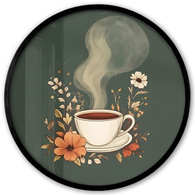 Poster in lijst Rond - Fotolijst 40x40 cm - Posters - Kop - Bloemen - Groen - Koffie - Ronde posterlijst zwart - Decoratie - Wanddecoratie woonkamer - Muurdecoratie slaapkamer