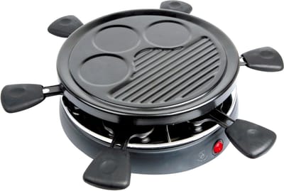 Royal Swiss® Raclette Grill 6 Personen – 800W – 6 Pannetjes – Antiaanbak – Rond Model – Multifunctionele Tafelgrill – BBQ & Eierplaat – Familie Set
