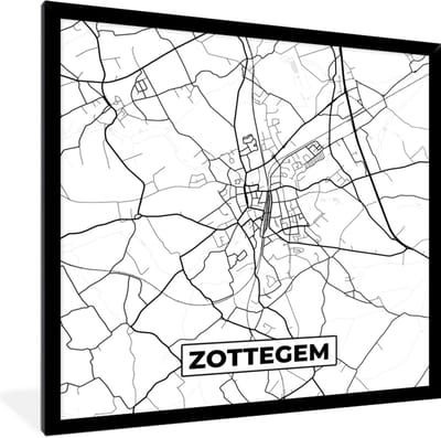 Fotolijst incl. Poster Zwart Wit- Zwart Wit – België – Plattegrond – Stadskaart – Kaart – Zottegem - 40x40 cm - Posterlijst