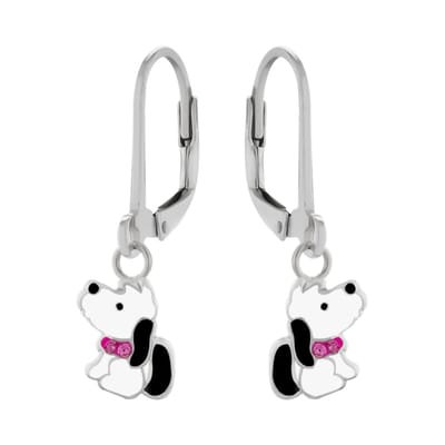 Zilveren oorhangers - hondje - roze kristallen - kindvriendelijk