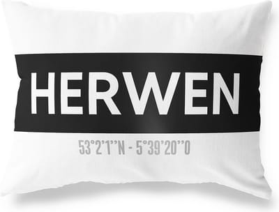 Tuinkussen HERWEN - GELDERLAND met coördinaten - Buitenkussen - Bootkussen - Weerbestendig - Jouw Plaats - Studio216 - Modern - Zwart-Wit - 50x30cm