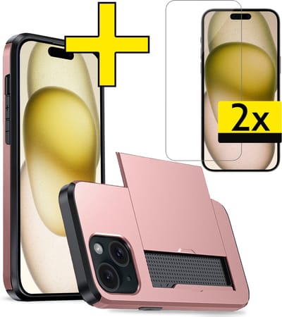 Hoesje Geschikt voor iPhone 15 Hoesje Case Pashouder Hard Cover Met 2x Screenprotector - Hoes Geschikt voor iPhone 15 Hoesje Met Kaarthouder - Rosé goud