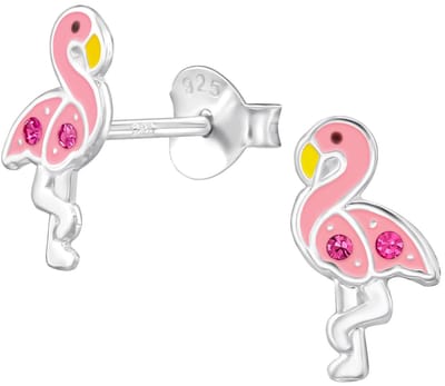 Joy|S - Zilveren flamingo oorbellen - 6 x 10.5 mm - roze - kristal - kinderoorbellen - vogel