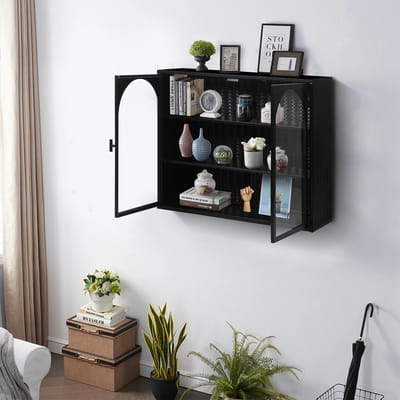 MODENUIT Wandkast - 2 Deuren Met Geweven Patroon - Voor Hal, Woonkamer En Badkamer - Metaal - Zwart - 60x70x23 Cm