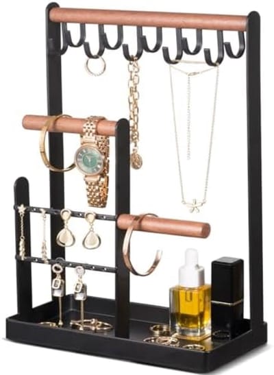PromoHome 4-Laags Sieraden Organizer Stand Houder met Oorbel Lade en 10 Haken voor Kettingen, Armbanden, Horloges en Ringen - Zwarte Sieradendisplay Boom