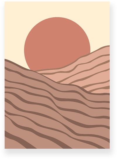 Poster 20x30 cm - Zonsondergang - Gelaagde Heuvels - Roze - Bruin - Minimalistisch - Landschap - Muurdecoratie - Wanddecoratie