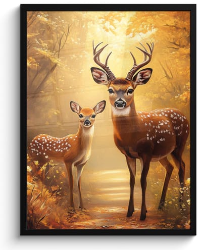Poster in lijst - Fotolijst 50x70 cm - Posters - Herfst - Bos - Herten - Bosdieren - Natuur - Bruin - Posterlijst zwart - Decoratie - Wanddecoratie woonkamer - Muurdecoratie slaapkamer
