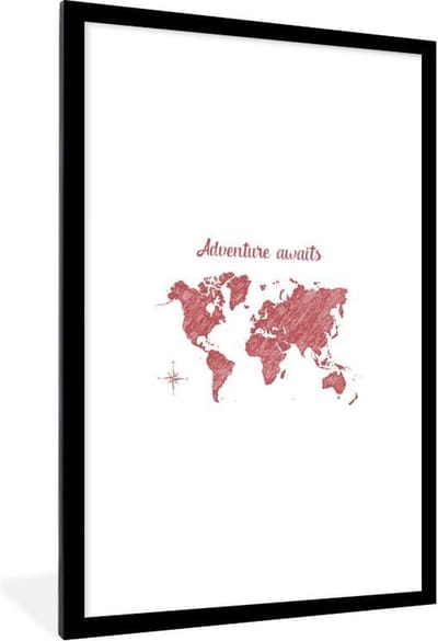 Poster in lijst - Fotolijst 60x90 cm - Posters - Wereldkaart - Adventure - Kompas - Posterlijst zwart - Decoratie - Wanddecoratie woonkamer - Muurdecoratie slaapkamer