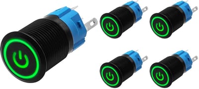 ProRide Drukschakelaar ON-OFF 12V/24V - 16mm Metaal - Waterdicht - LED Ring Groen - 5 stuks