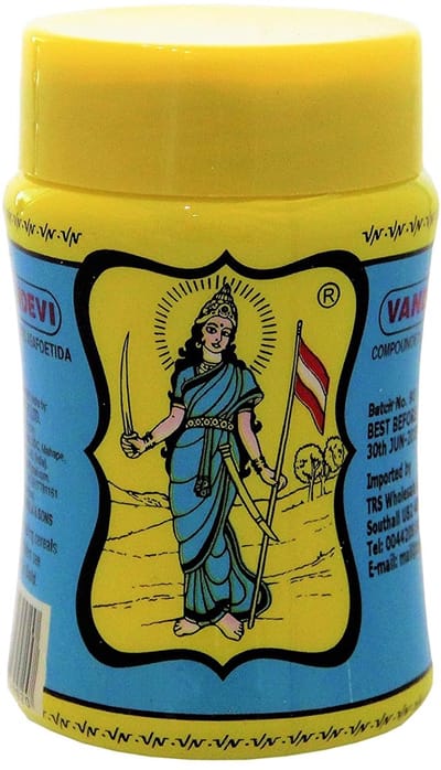 Vandevi Asafoetida Poeder (Hing) Geel 100 g - Premium Indiase Specerij | Voor Dal, Curry & Groenten | Aromatische Kruidenpoeder | Anti-Inflammatoir & Antioxidant met Kajal Sticker