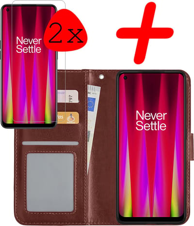 Hoesje Met 2x Screenprotector - Geschikt voor OnePlus Nord CE 2 - Luxe Pasjeshouder - Bookcase Portemonee - Flip Case - Kunstleer Book Case - Flipcase Hoes - Book Cover - Walletcase - Portemonneehoes - Bruin