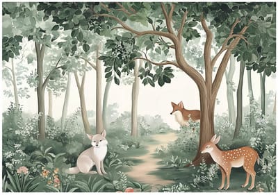 WALLARENA - Fotobehang - 150x105 cm - fotobehang voor kinderen met een bos, dieren, bomen en herten