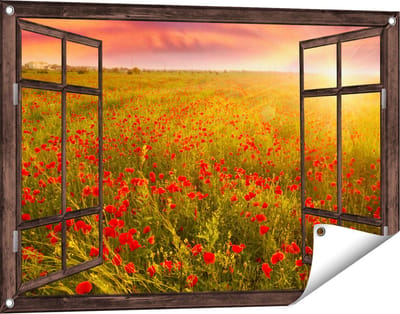 Gards Tuinposter Doorkijk Rode Klaproos Bloemenveld - Zonsondergang - 90x60 cm - Tuindoek - Tuindecoratie - Wanddecoratie buiten - Tuinschilderij