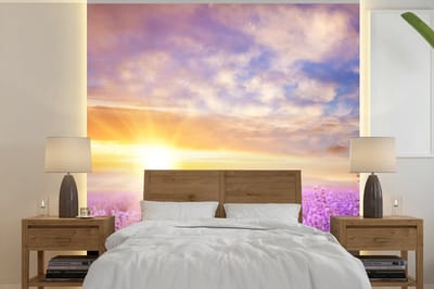 Behang - Fotobehang Lavendel - Zon - Lucht - Natuur - Breedte 220 cm x hoogte 220 cm