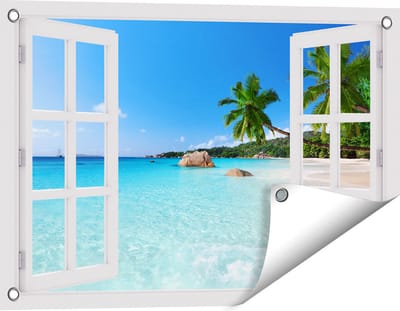 Gards Tuinposter Doorkijk Tropisch Strand en Zee - 60x40 cm - Tuindoek - Tuindecoratie - Wanddecoratie buiten - Tuinschilderij