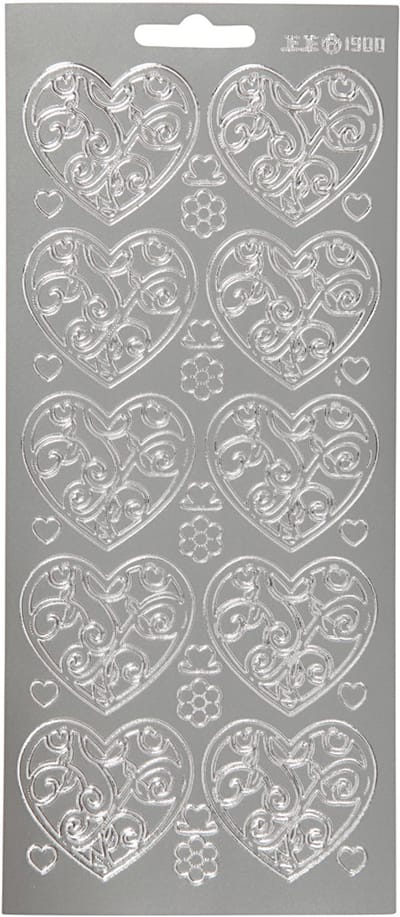 Stickers, harten, vel 10x23 cm, zilver, 1 vel